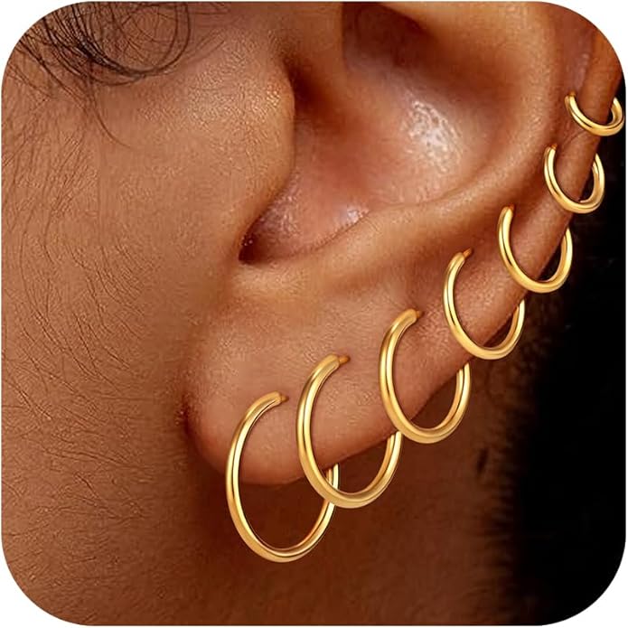Eaciy 7 Pairs Gold Hoop Earrings for Women - 18K Gold Plated Hoop Earrings Set Lightweight Minimalist Small Hoops Hypoallergenic Thick Lightweight Earring for Women Jewelry Gifts