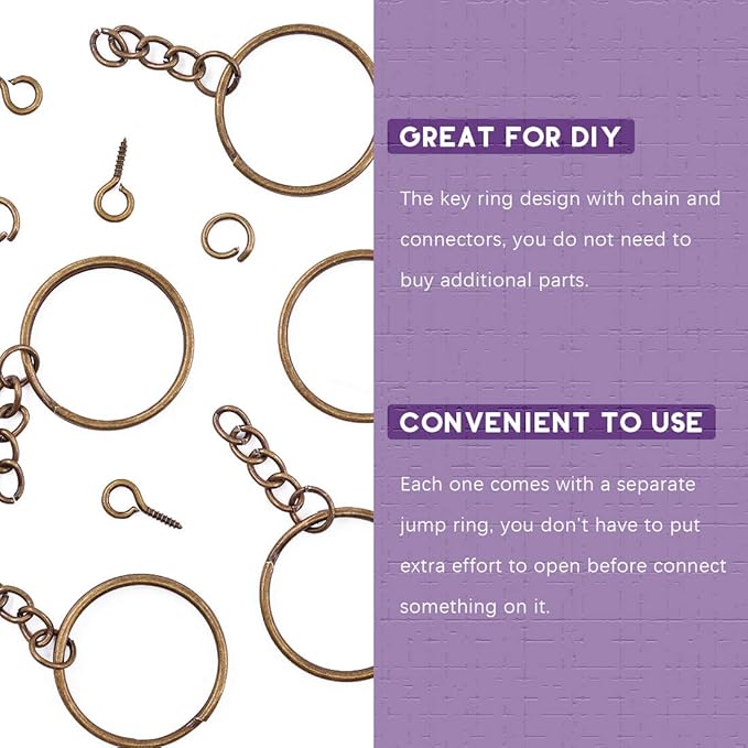 Swpeet 100Pcs 6/5 Inch 30mm Bronze Flat Key Chain Rings Kit, Including Split Keychain Rings with Chain and Jump Ring with Screw Eye Pins for Jewelry Making