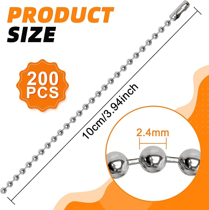 200 pcs 100 mm Long Bead Connector Clasp Ball Chains Keychain Tag Keychain Ball Chain 2.4 mm Diameter Adjustable Antiqued Metal Bead Steel Chain