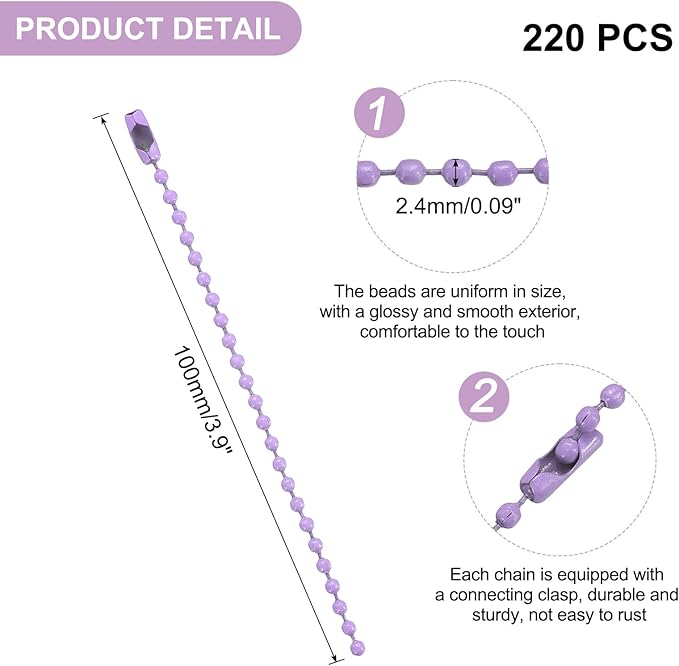 uxcell 220pcs Metal Ball Bead Chain, 100mm Long Bead Connector Clasp Dog Tag Hanging Chain for Key Chains Tags Craft Projects Jewelry Making, Light Purple