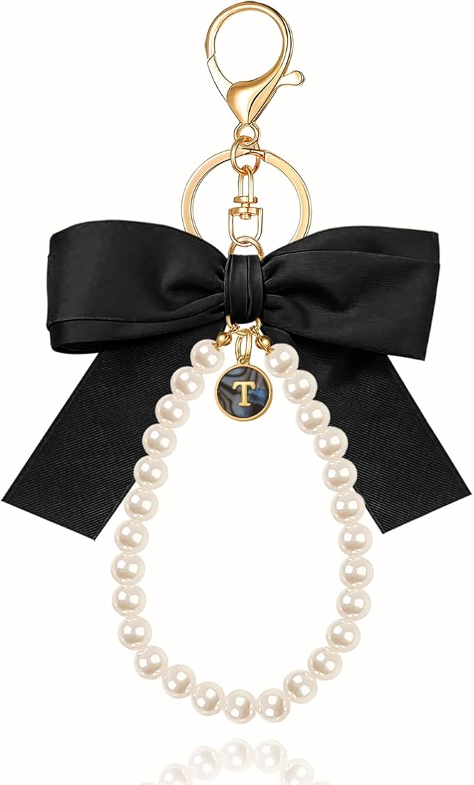 XGALBLA Initial Letter Cute Coquette Bow Keychain for Women, Wristlet Simulated Pearl Keychains Bag Charms for Handbags