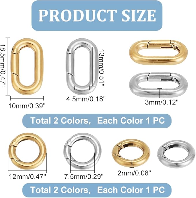 UNICRAFTALE 4Pcs 2 Styles 2 Colors 12~18.5mm Spring Gate Rings 304 Stainless Steel Snap Clasps Round Carabiner Clips Snap Hooks Metal Spring Keyring Buckle for Bag Purse Shoulder Strap Key Chains