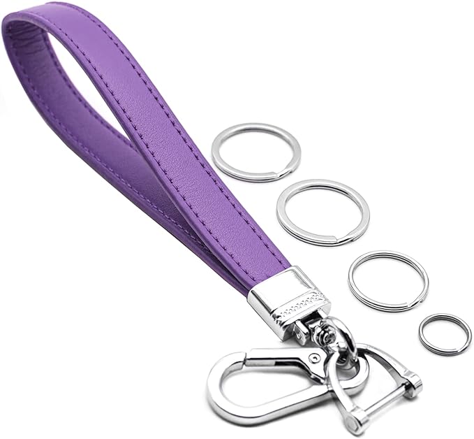 Car Fob Key Chain Genuine Leather Wristlet Strap Keychains Holder for Men and Women, 360 Degree Rotatable, with Anti-lost D-Ring, Carabiner Clip and 4pcs Key Rings, Purple