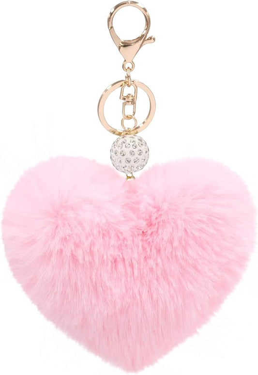 Women's Heart Faux Fur Pom Pom Key Chains Bag Accessory Puffball Keyring Backpack Charms for Girls