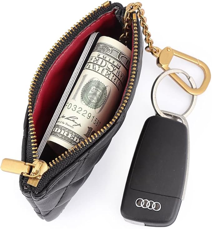 Premium Genuine Full Grain Leather Mini Coin Purse Keychain Pouch Card Holder for Men Women (Black Quilted- AG)