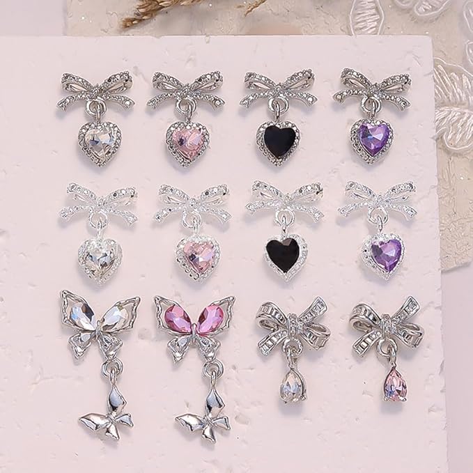 12Pcs Rhinestones Heart Pendant Bow Nail Charms Y2K Alloy Silver Buttefly Tassels Crystals Butterfly Charms for Nails Design Luxury Bows for Nails Charms 3D Butterflies Nail Charm Nail Art Supplies