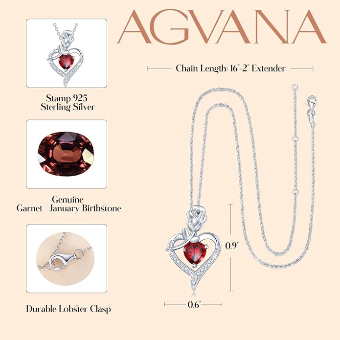 AGVANA Christmas Gifts Rosy Reverie Birthstone Necklace for Women Sterling Silver Genuine or Created Gemstone Rose Flower Heart Pendant Necklace Anniversary Birthday Gifts for Women Mom Wife Her