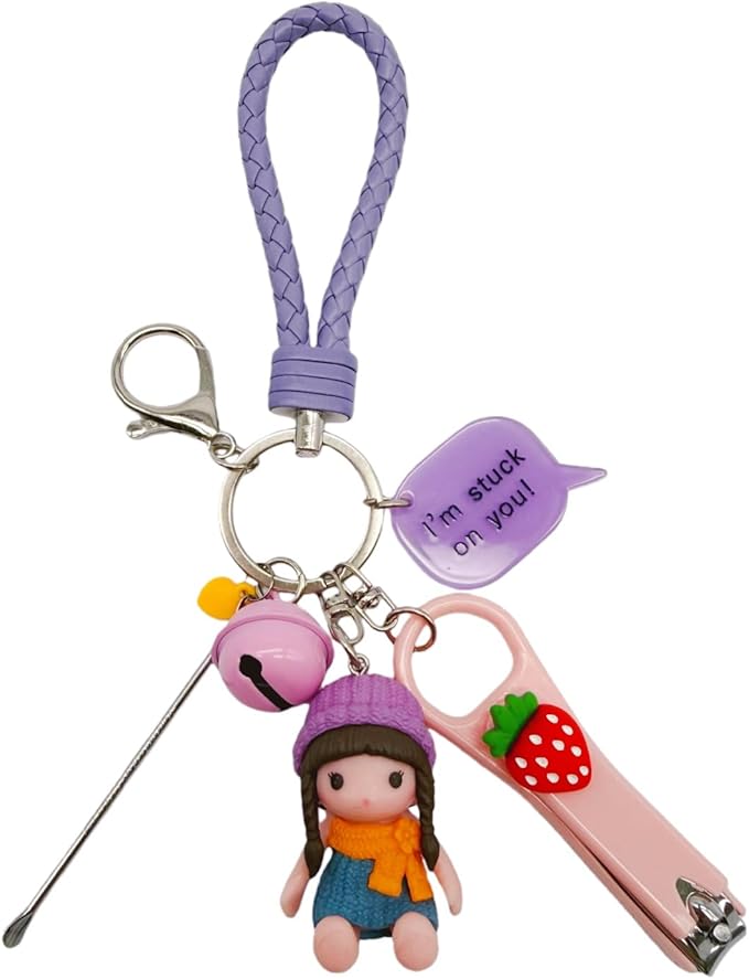 Cute Keychain with Nail Clipper Ear Pick for Women Girls Cute Key Chain Wristlet Cartoon Keychain Lanyard