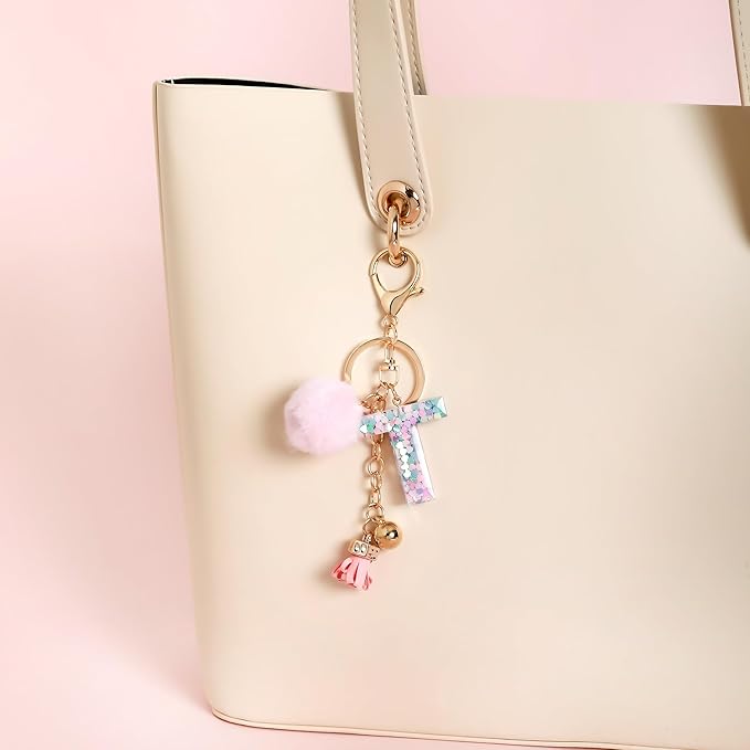 Resin Alphabet Initial Letter Keychain Keyring for Women Purse Handbags With Fur Ball Pom