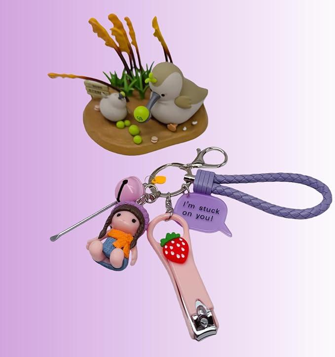 Cute Keychain with Nail Clipper Ear Pick for Women Girls Cute Key Chain Wristlet Cartoon Keychain Lanyard
