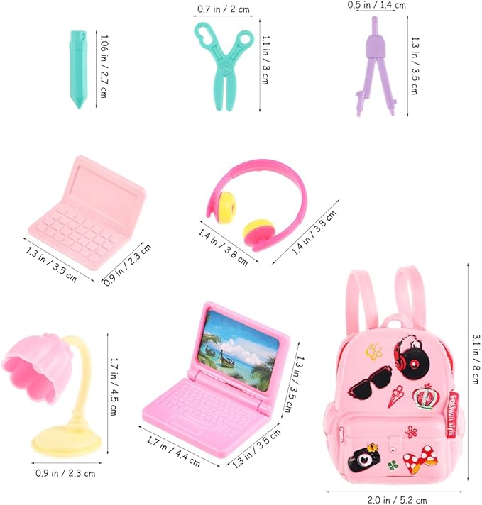 FAVOMOTO 18PCS Mini Doll School Supplies, Kids Dolls Dollhouse Accessories with Backpacks Rulers Desk Lamps Laptops Miniature Plastic Stationery Set for Dollhouse DIY Crafting School Playsets