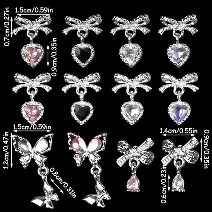 12Pcs Rhinestones Heart Pendant Bow Nail Charms Y2K Alloy Silver Buttefly Tassels Crystals Butterfly Charms for Nails Design Luxury Bows for Nails Charms 3D Butterflies Nail Charm Nail Art Supplies