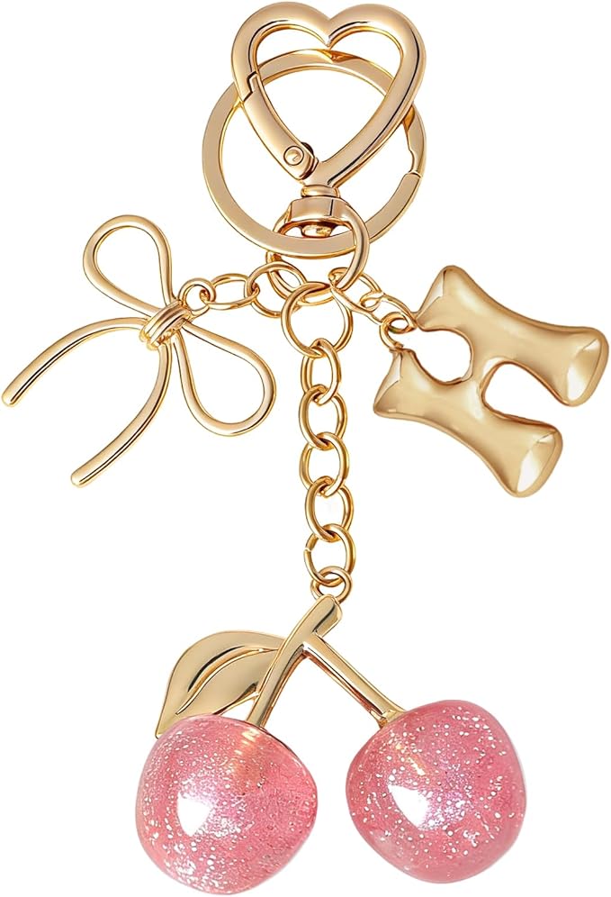 Snycler Bubble Initial Keychain with Cherry & Bow - Gold Letter Bag Charms for Women, Cute Purse Handbag Accessories
