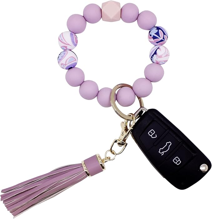 BIHRTC Key Ring Bracelet Car Keychain Holder Wristlet Silicone Women Beaded Bangle Chains