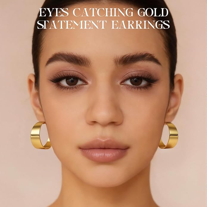 Eyeshock Chunky Gold Hoops Hypoallergenic Thick Statement Earrings for Women 18K Gold Plated Wide Hoop Earrings with Sterling Silver Post