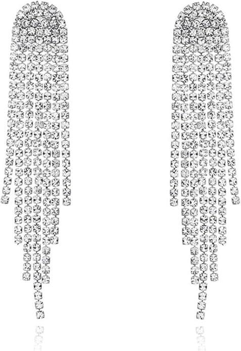 HERIER Rhinestone Earrings Dangling for Women Chandelier Statement Tassel Earrings Girls Silver Sparkly Drop Cubic Zirconia Crystal Earrings Long Dangle Costume Jewelry