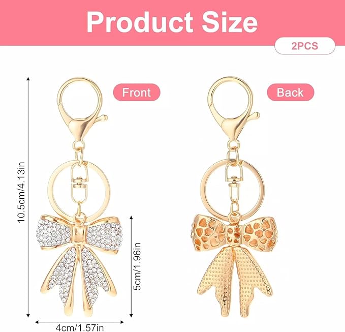 2 PCS Pink White Gold Bow Keychain with Rhinestones Bowknot Keychain Bling Cute Keychain Shiny Purse Charms Accessories for Keys