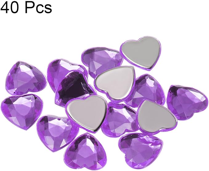 MECCANIXITY 40 Pcs Acrylic Heart Rhinestone 15mm Flat Back Plastic Gems Jewelry Stickers for Craft Bead Face Painting Costume Jewelry Making, Purple