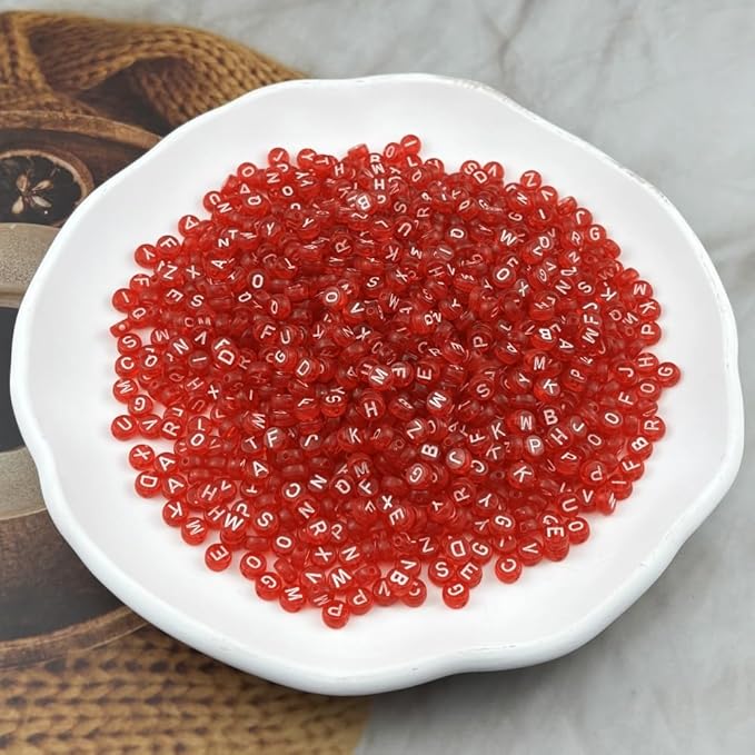 1000pcs Round Letter Beads 4x7mm Acrylic Alphabet Beads Spacer Beads for Jewelry Making Bracelets Necklace Earring Key Chains DIY Craft(E-White Letter Red Bead)