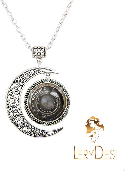 LERYDESI Camera necklace Moon pendant Photo printing handmade production Black grey lens Grahpex jewelry Photographer artist travel sport Gift Custom picture