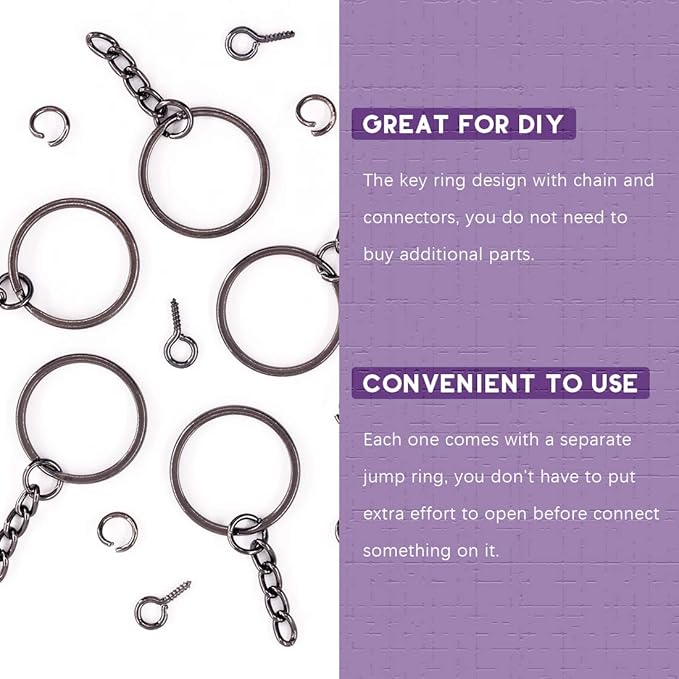 Swpeet 450Pcs 1 Inch 25mm Black Flat Key Chain Rings Kit, Including 150Pcs Split Keychain Rings with Chain and 150Pcs Jump Ring with 150Pcs Screw Eye Pins Bulk for Jewelry Findings Making