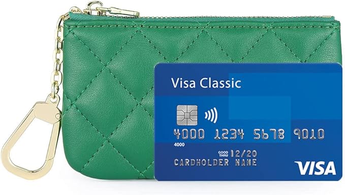 Premium Genuine Full Grain Leather Mini Coin Purse Keychain Pouch Card Holder for Men Women (Green Quilted)