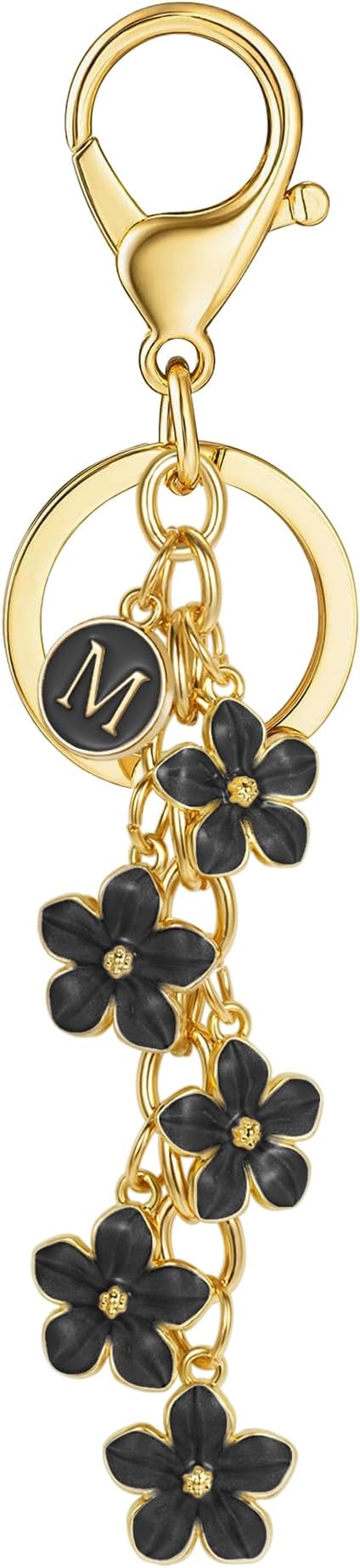 XGALBLA White Pink Black Cute Initial Letter Keychain for Women, Flower Bag Charms Enamel Keyring for Handbag Backpack