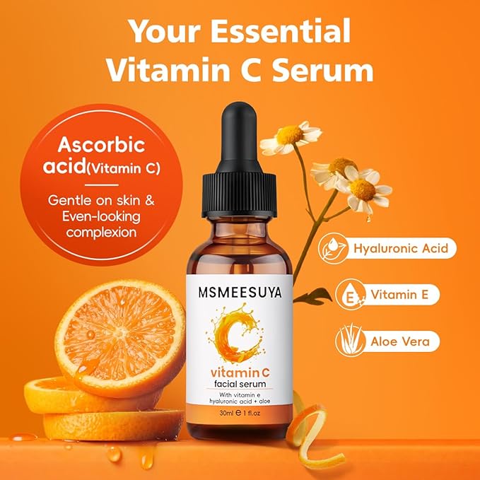 MSMEESUYA Vitamin C Serum for Face 2-Pack, Brightening Facial Serum with Hyaluronic Acid & Vitamin E, Helps Improve Dark Spots, Uneven Tone, Fine Lines & Wrinkles, 1 Fl Oz Each