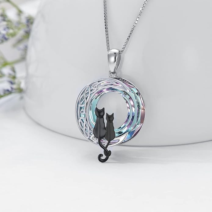 TOUPOP Cat Gifts for Cat Lovers One Two Three Four Cats Necklace Sterling Silver Cats on the Moon Pendant Necklace with Blue Circle Crystal Birthday Christmas Celtic Jewelry Gifts for Women