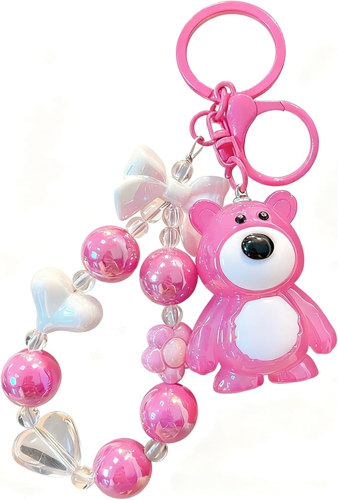Bear Keychain For Women, Acrylic Bow Heart Flower Beaded Wristlet Gradient Color Colorful Gift Accessories