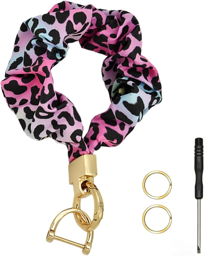 Scrunchie Wristlet Keychain for Women Men, Cute Stretchy Wrist KeyChain for Car Keys with 3 Keyrings and 1 D ring
