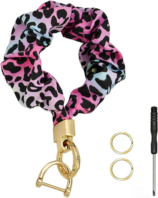 Scrunchie Wristlet Keychain for Women Men, Cute Stretchy Wrist KeyChain for Car Keys with 3 Keyrings and 1 D ring