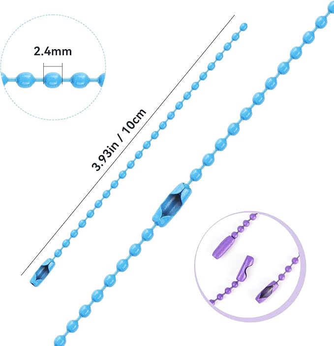 Ball Chain Bulk Metal Chain Width 2.4mm Ball Beads Chain Long Bead Connector Clasp for Jewelry Making DIY Crafts Hanging Christmas Decoration (200 Pcs Colored 3.9 Inch / 10 cm)