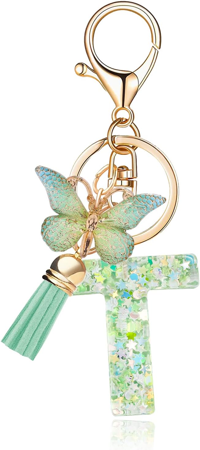 Fashion Alphabet Initial Letter Keychain Tassel Butterfly Pendant Key Ring for Purse Handbags Women Girl