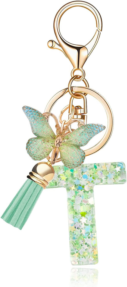 Fashion Alphabet Initial Letter Keychain Tassel Butterfly Pendant Key Ring for Purse Handbags Women Girl