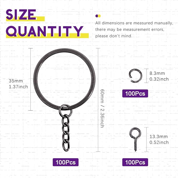Swpeet 300Pcs 7/5 Inch 35mm Black Flat Key Chain Rings Kit, Including 100Pcs Split Keychain Rings with Chain and 100Pcs Jump Ring with 100Pcs Screw Eye Pins Bulk for Jewelry Findings Making