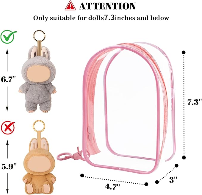 Large Clear Figure Display Bag with Keychain Case Blind Box Keychain Carrying Case, Portable Small Doll Storage Pouches PVC Bag (Pink Standing)