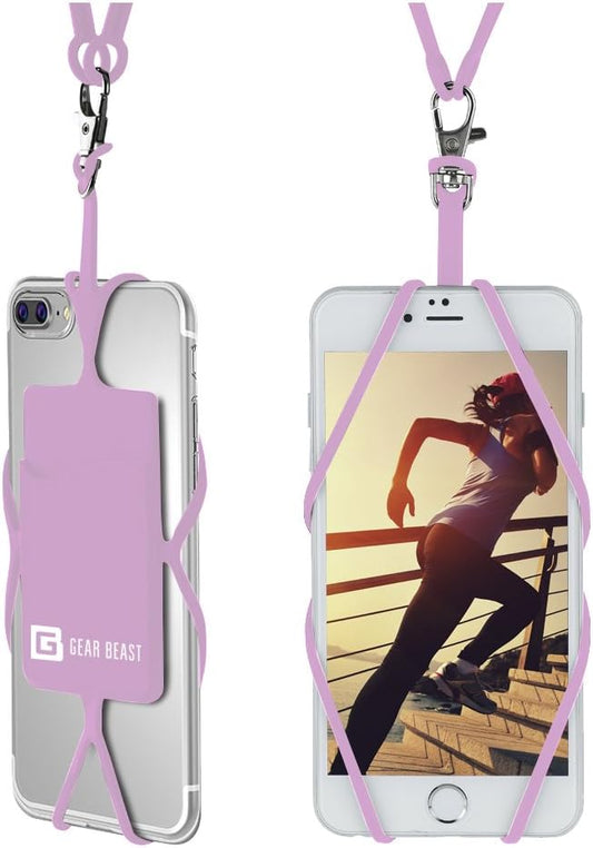 Gear Beast Cell Phone Lanyard - Universal Neck Phone Holder w/Card Pocket and Silicone Neck Strap - Compatible with Most Smartphones, Pink Lavender