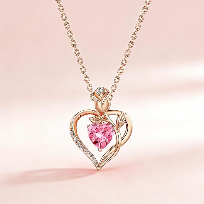 1.2CT Rose Heart Necklace Option of Moissanite or Lab-Grown Sapphire Ruby Emerald&More Necklace for Women Birthstone Girlfriend Necklace S925 Sterling Silver 18K White/Rose Gold Plated D Color VVS1 Gift for Wife Mother Daughter for Birthday Anniversary...