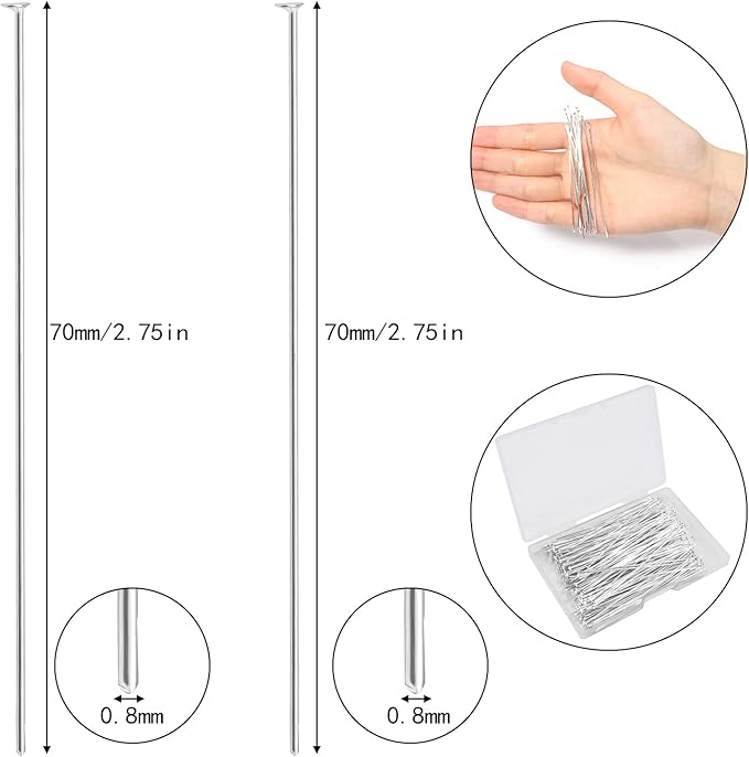 200 Pcs 70mm/2.76 Inch 21 Gauge Head Pins for Jewelry Making Straight Eye Ball Pin for DIY Christmas Styles Craft Earring Bracelet Necklace Pendant Making (Head Pins,Sliver Color)