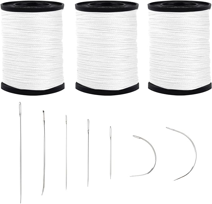 Topus Extra Strong Upholstery Repair Sewing Thread Kit and Heavy Duty Household Hand Needles, Including 7 Styles of Leather Canvas Sewing Needles and 3 Rolls Nylon Thread (70 Yard of Each Roll), White