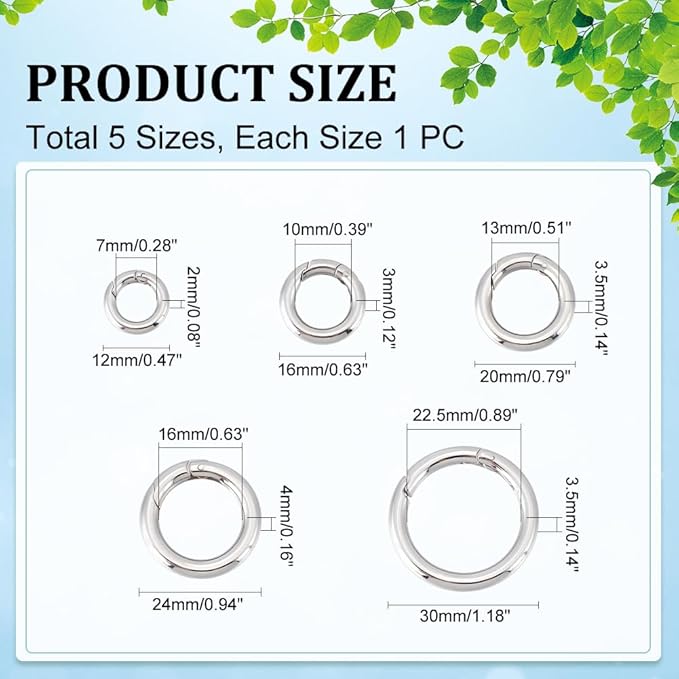 UNICRAFTALE 5Pcs 5 Sizes 316 Stainless Steel Spring Gate Rings Round Metal Springring Trigger Clasp Fasteners for Jewelry Making