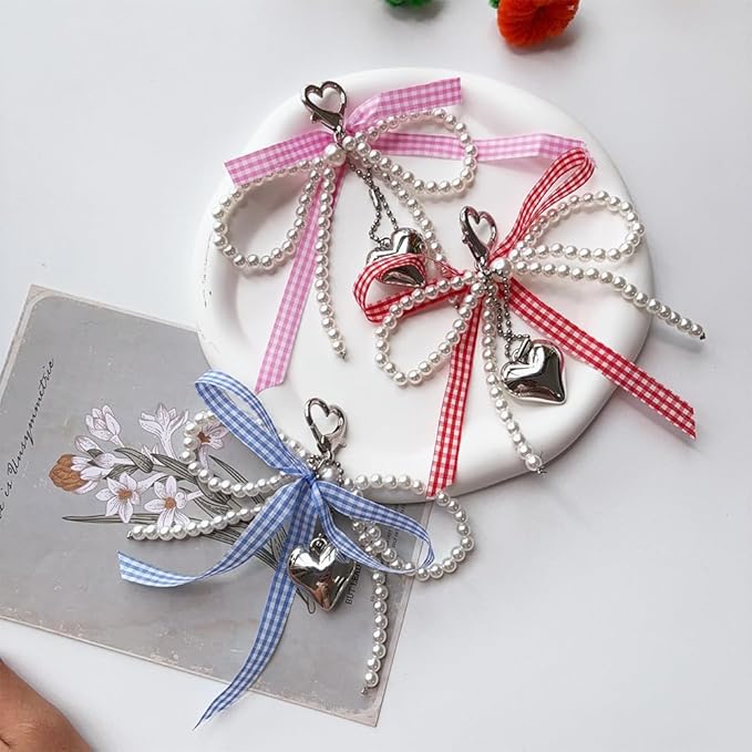 Pearl Bow Keychain Cute Y2k Lace Bowknot Keychain Coquette Aesthetic Accessories Bag Purse Handbag Backpack Charm