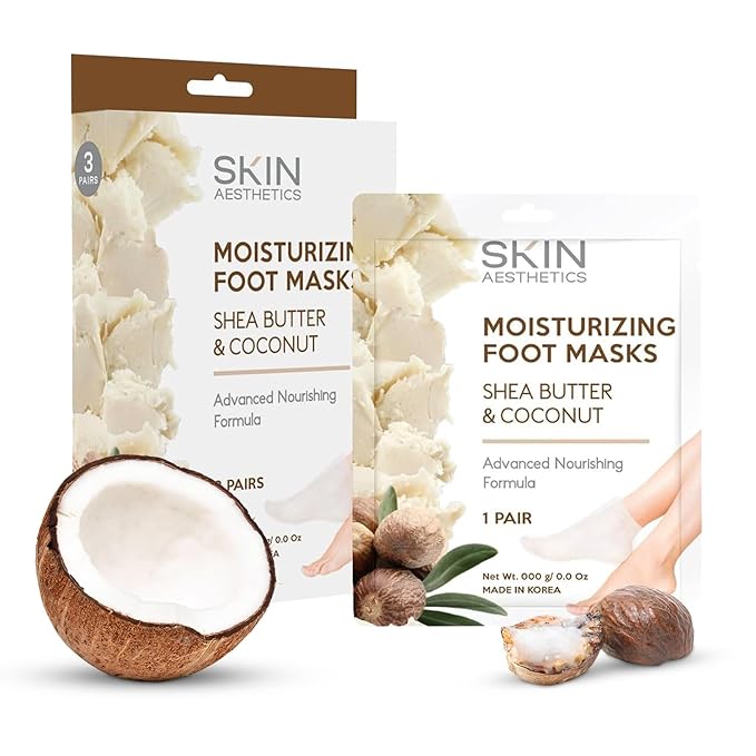 Skin Aesthetics Shea Butter & Coconut Foot Masks - Moisturizes & Repairs Cracked Feet, Hydrating & Exfoliating - Dermatologist Tested Korean Skincare - Clean Beauty, Cruelty-Free - 3 Pairs