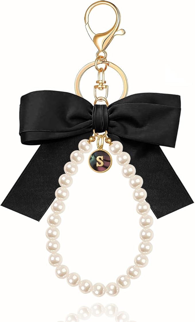 XGALBLA Initial Letter Cute Coquette Bow Keychain for Women, Wristlet Simulated Pearl Keychains Bag Charms for Handbags
