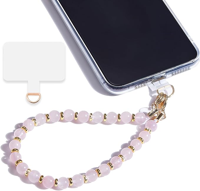 Marble Beaded Phone Wrist Strap,Detachable Phone Bracelet Strap with Tether Tab,Hands-Free Wristlet Strap (Rose Quartz)