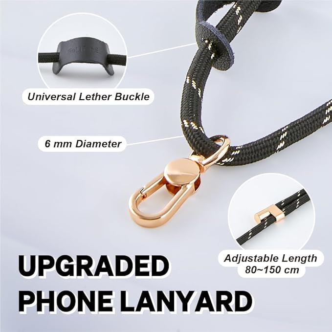 Universal Phone Lanyard, Anti-Theft Crossbody Strap for iPhone 16 Pro Max and Most Smartphone, Adjustable Cell Phone Neck Holder w/2 Non-Adhesive Tether Tab for Men and Women, Black-Gold/Gold