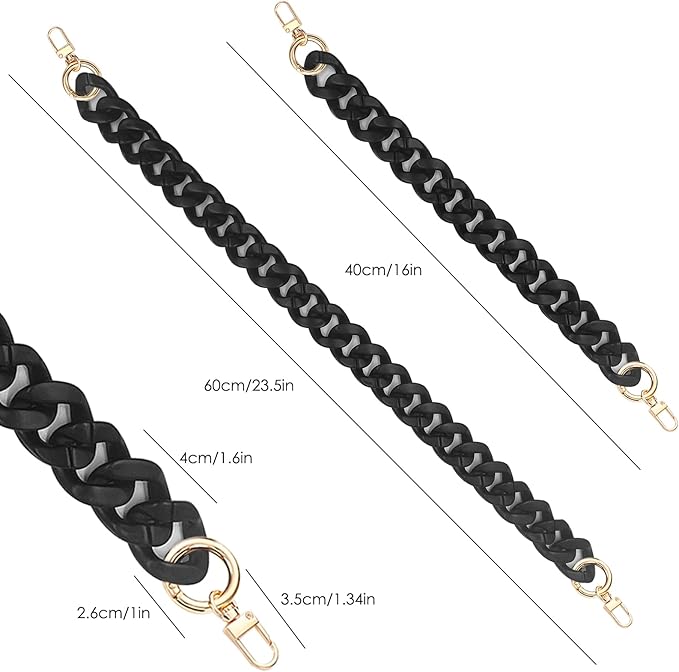 SourceTon 2 PCS Black Acrylic Handbag Chain Straps, Flat Replacement Chains for Purses, Tote Bags, DIY Craft –Lightweight with Alloy Buckles (40cm and 60cm)
