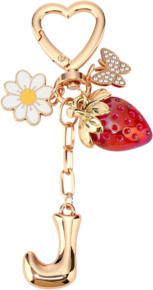 Strawberry Initial Keychain for Women-Cute Kawaii Gold Alphabet Bag Charms, Key chain Gift for Purse Handbag