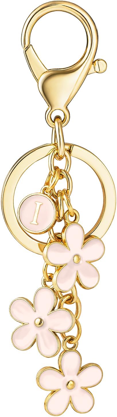 SELOVO Initial Keychain White/Pink/Black Cute Keychain Girl Purse Charms for Handbag Cute Letter Flower Keyring for Backpack